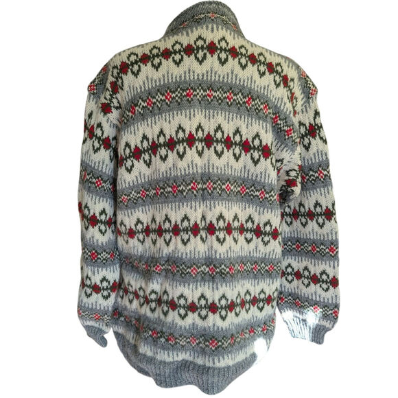 Vtg Nordic Wool Sweater Classic Fair Isle Metal Buttons Cream Gray Red - Picture 8 of 10